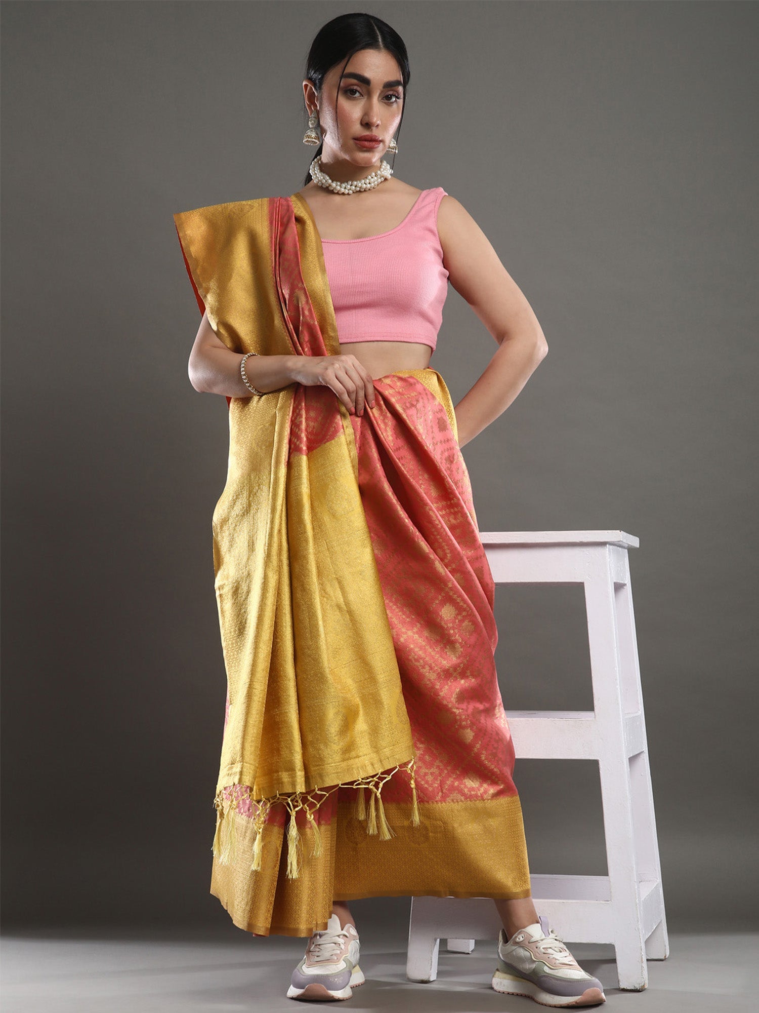 Pink and Yellow Banarasi Silk Blend saree - Ressa