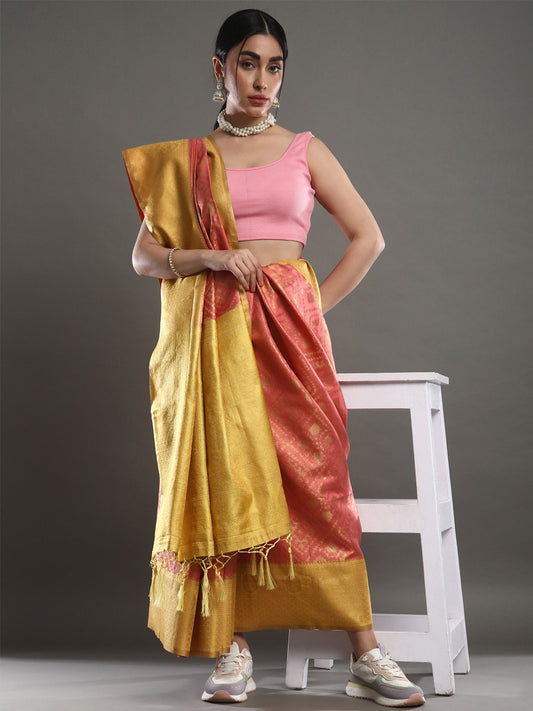 Pink and Yellow Banarasi Silk Blend saree - Ressa