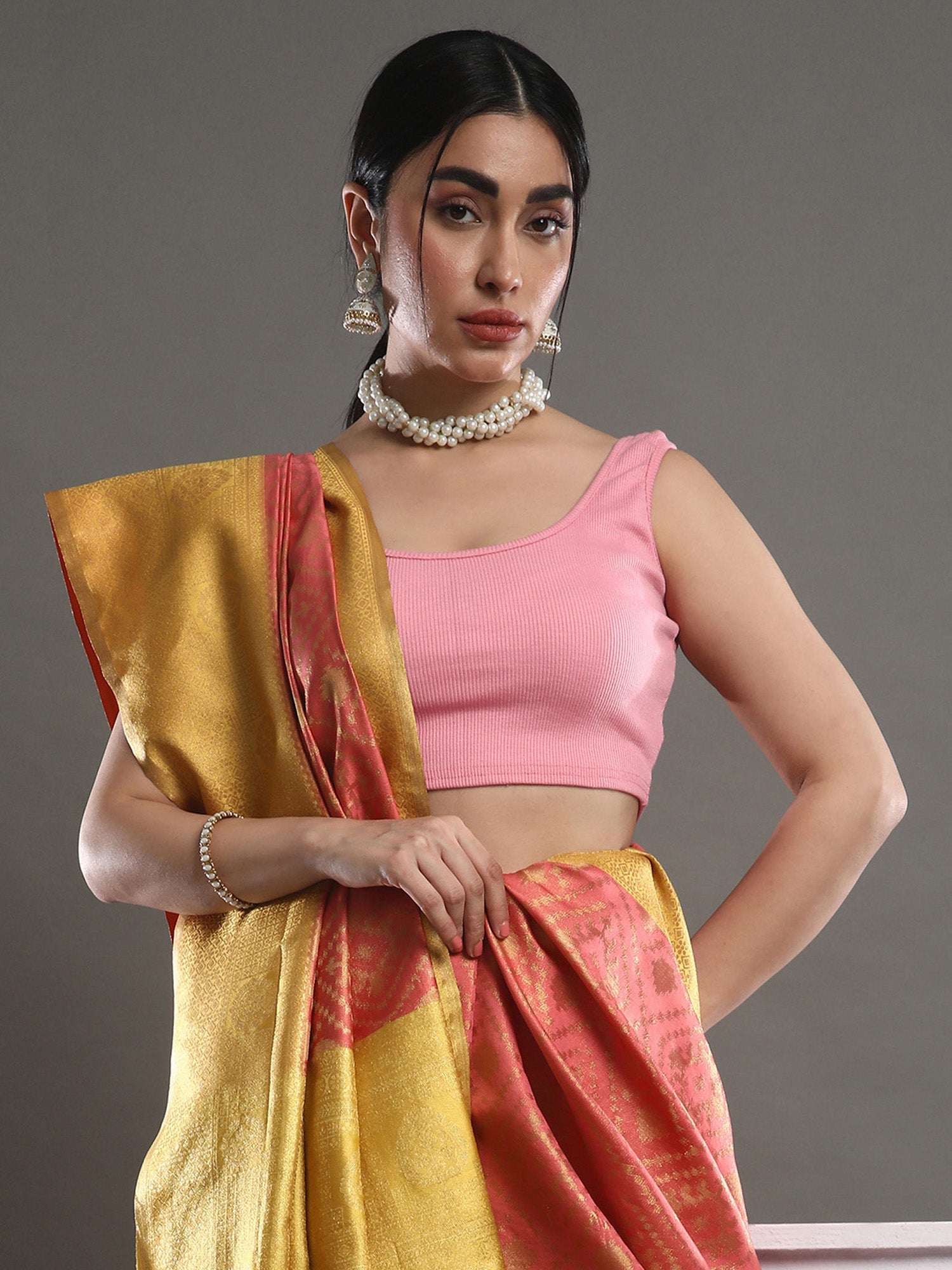 Pink and Yellow Banarasi Silk Blend saree - Ressa