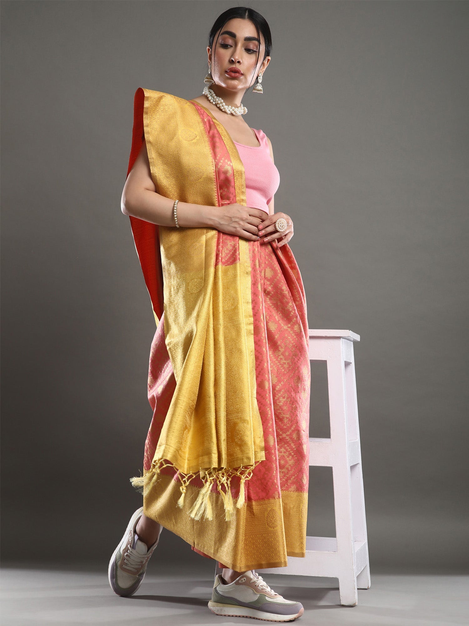 Pink and Yellow Banarasi Silk Blend saree - Ressa