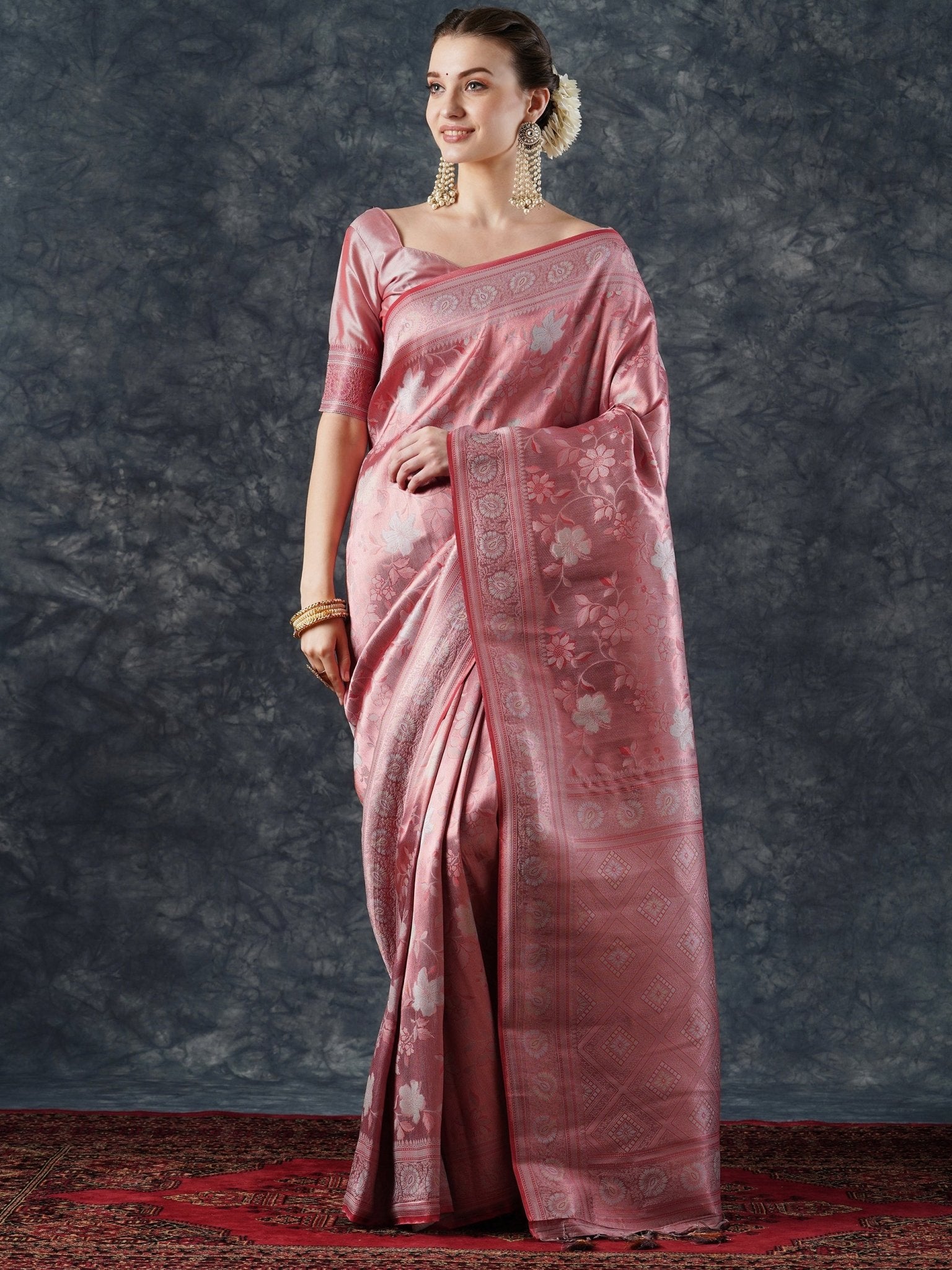 Pink Banarasi Silk Saree with Floral Zari Weave - Ressa