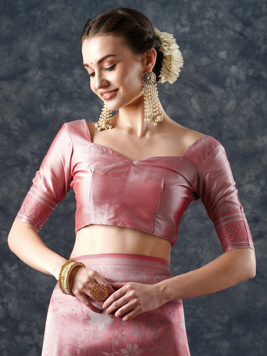 Pink Banarasi Silk Saree with Floral Zari Weave - Ressa
