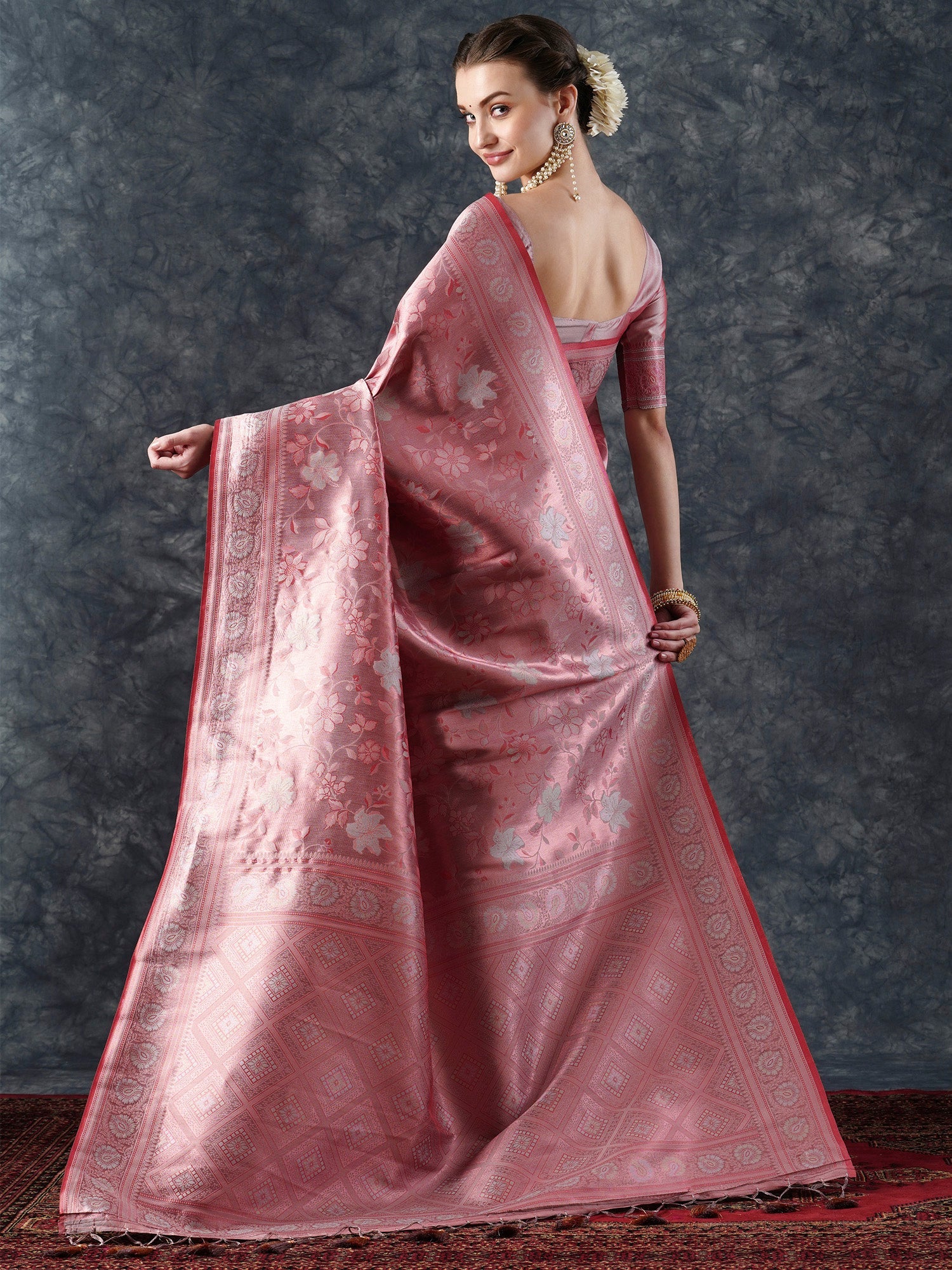 Pink Banarasi Silk Saree with Floral Zari Weave - Ressa