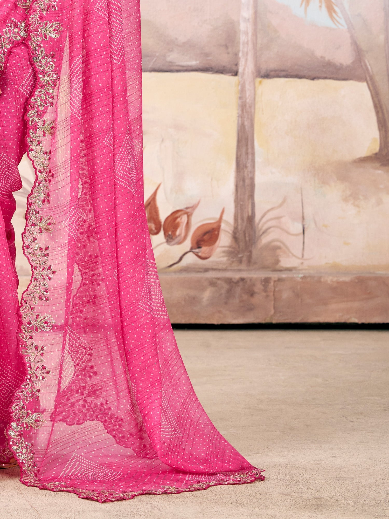 Pink Bandhani Chiffon Saree with Embroidered Border - Ressa