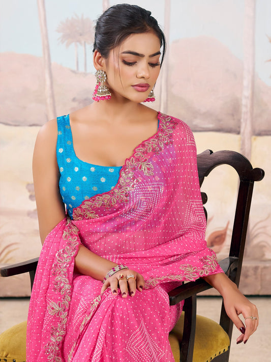 Pink Bandhani Chiffon Saree with Embroidered Border - Ressa