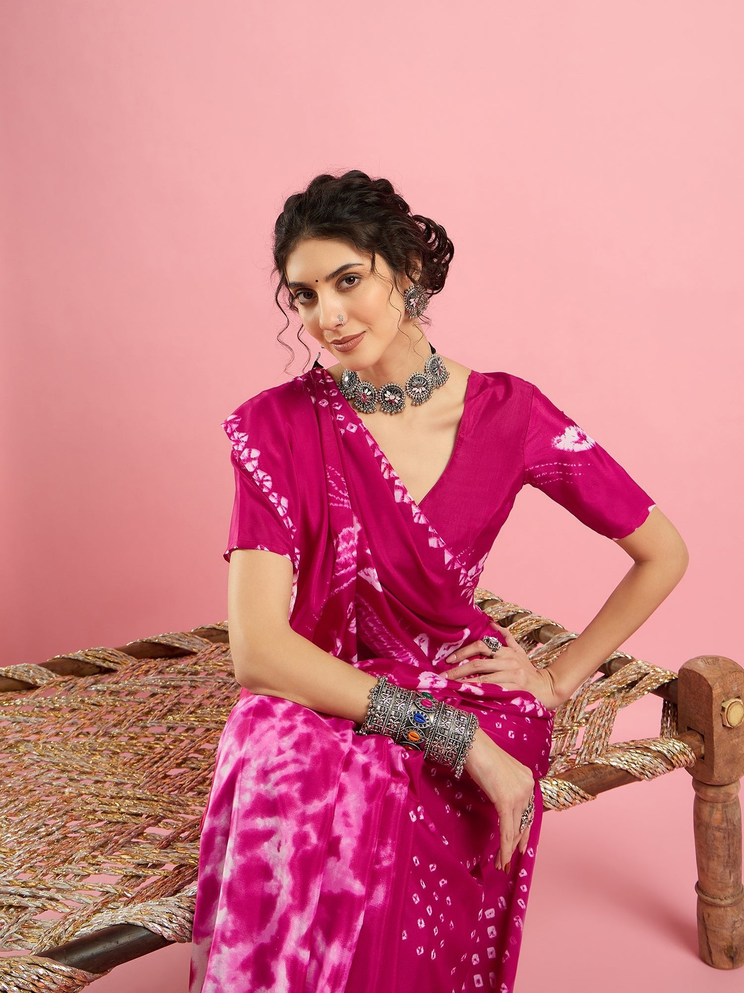 Pink Bandhani Print Silk Saree - Ressa