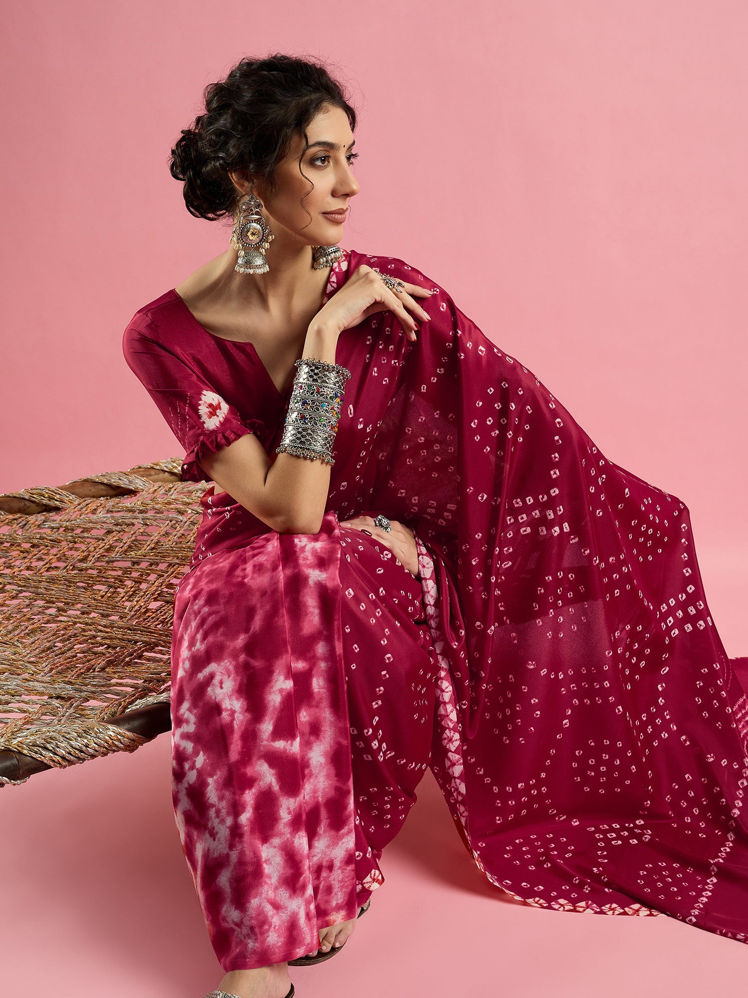 Pink Bandhani Print Silk saree - Ressa