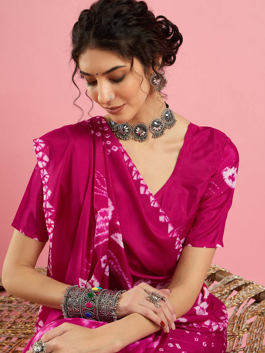 Pink Bandhani Print Silk Saree - Ressa
