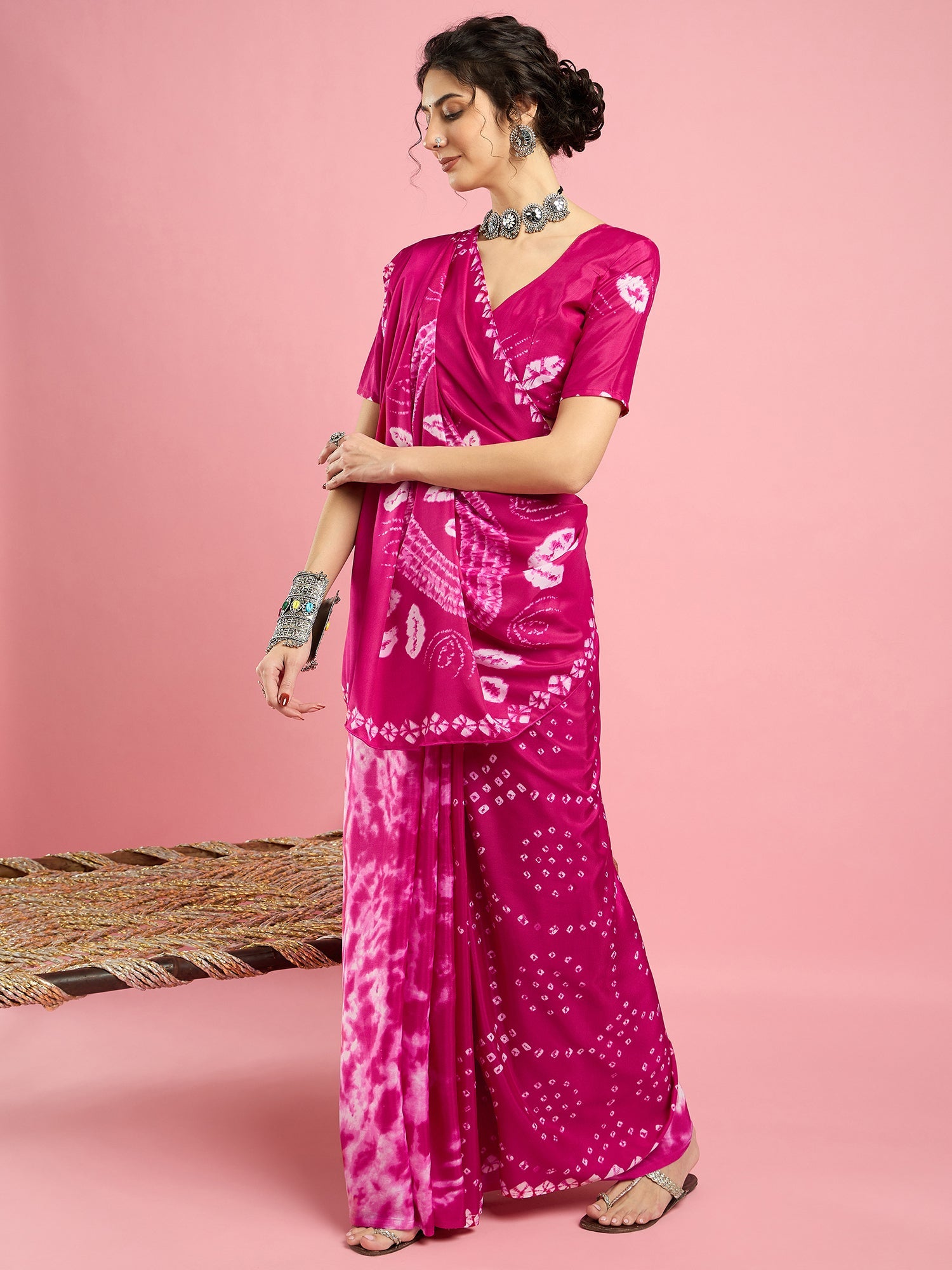 Pink Bandhani Print Silk Saree - Ressa