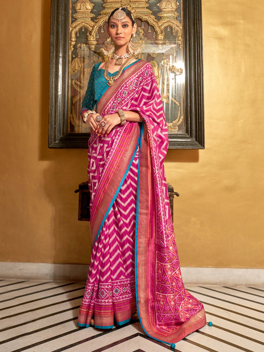 Pink Blue Patola Silk Leheriya Woven Design Zari Border Blouse Saree - Ressa