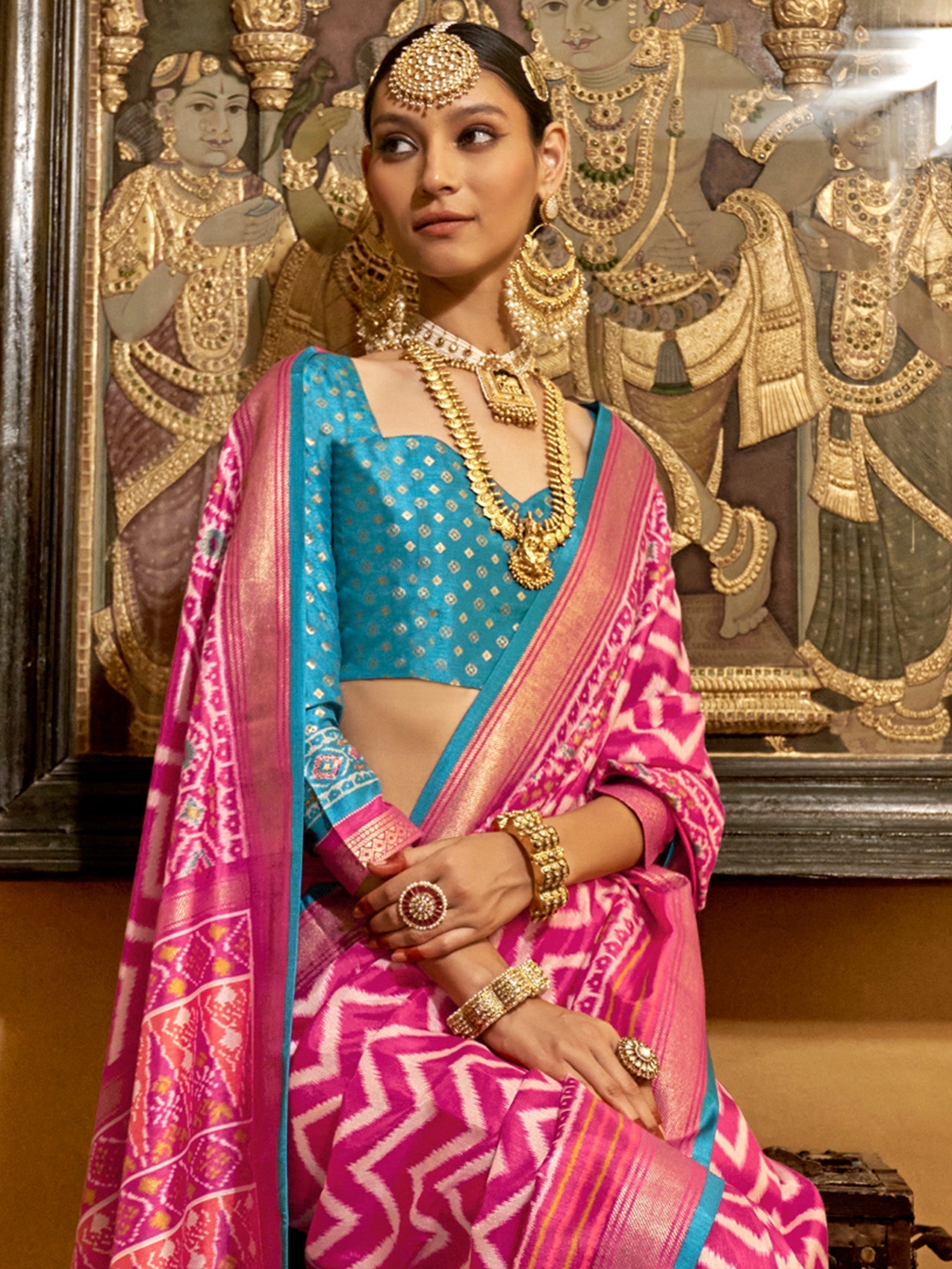 Pink Blue Patola Silk Leheriya Woven Design Zari Border Blouse Saree - Ressa