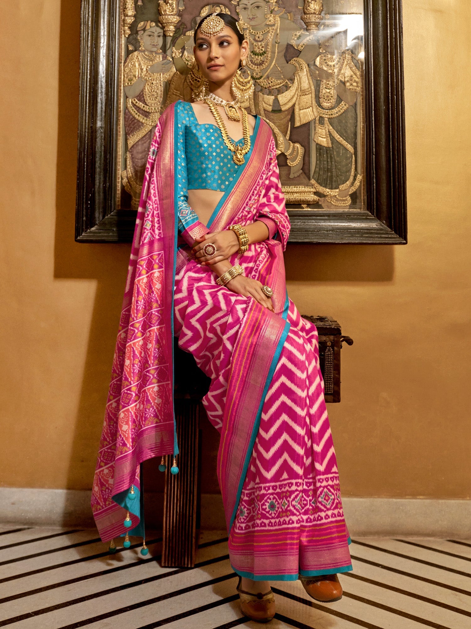 Pink Blue Patola Silk Leheriya Woven Design Zari Border Blouse Saree - Ressa