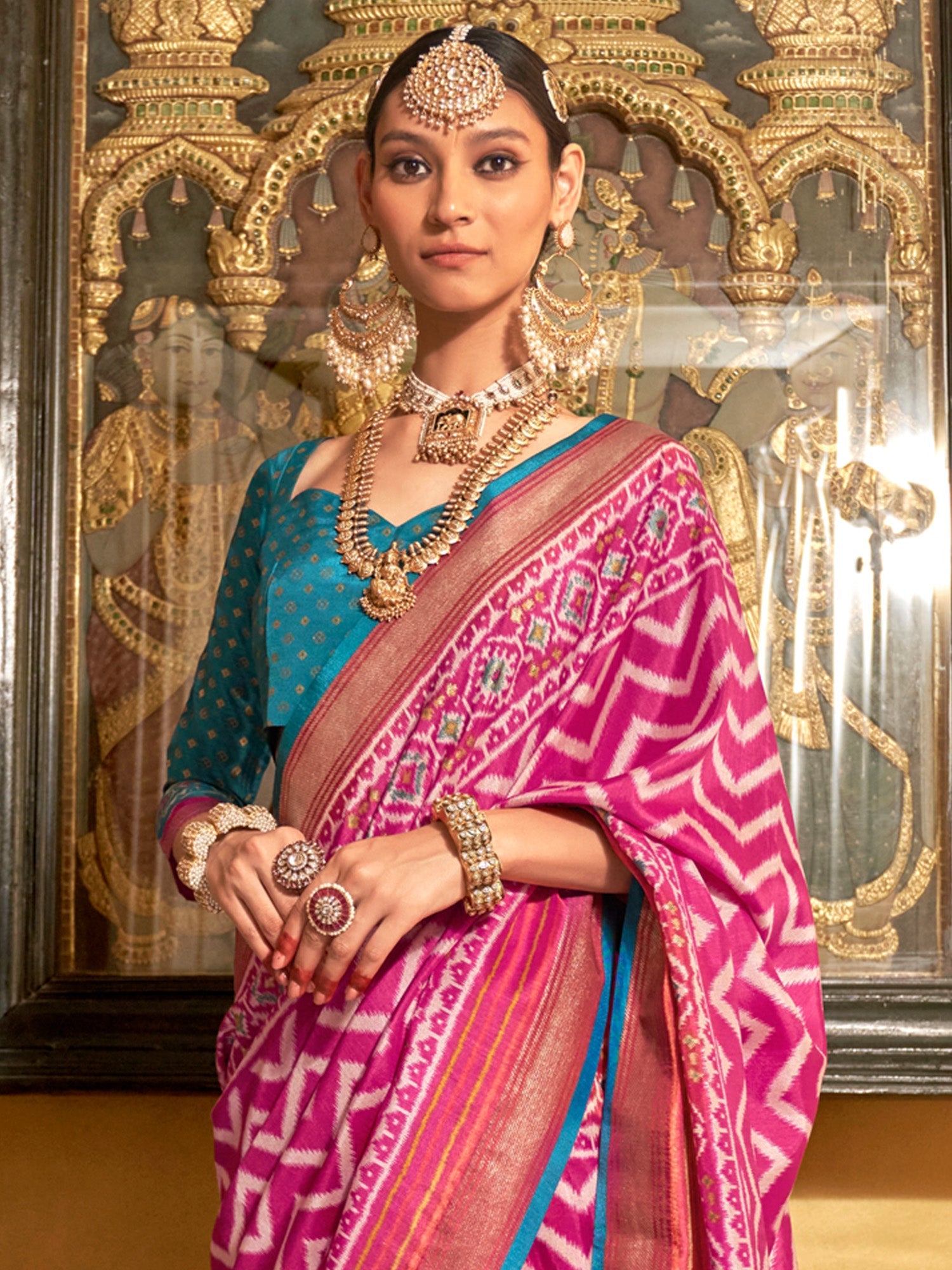 Pink Blue Patola Silk Leheriya Woven Design Zari Border Blouse Saree - Ressa