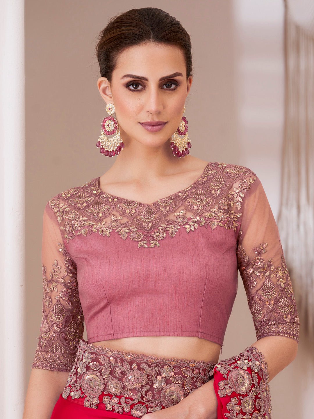 PInk Chiffon Emblished Party Wear Saree - Ressa
