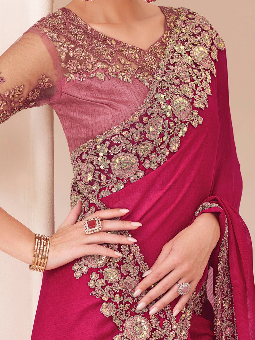 PInk Chiffon Emblished Party Wear Saree - Ressa