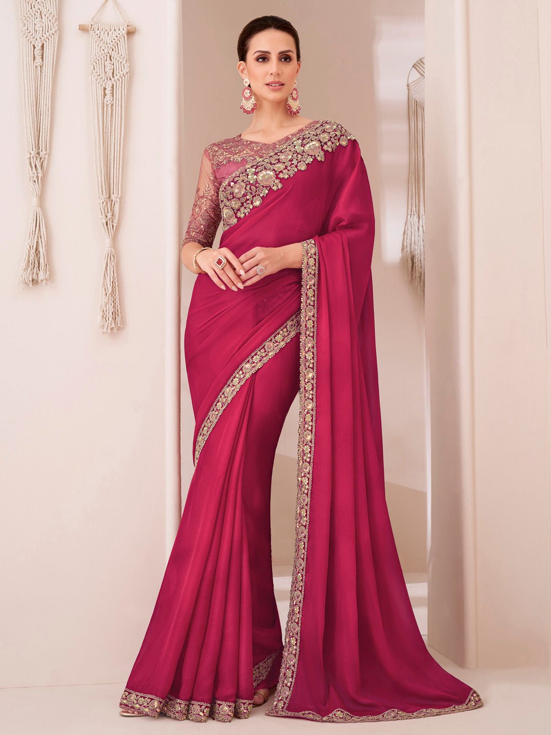 PInk Chiffon Emblished Party Wear Saree - Ressa