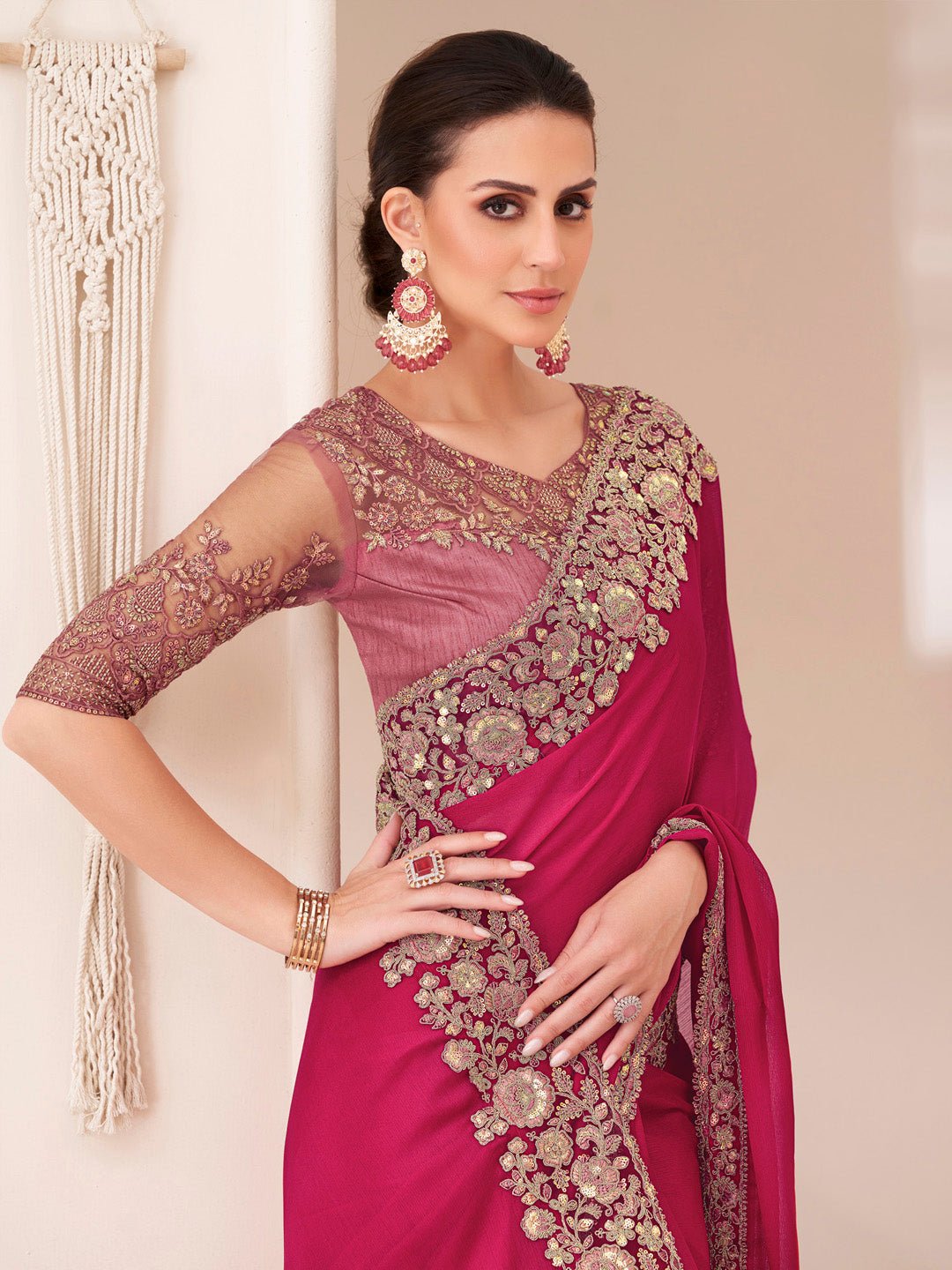 PInk Chiffon Emblished Party Wear Saree - Ressa