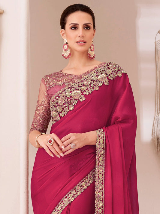 PInk Chiffon Emblished Party Wear Saree - Ressa