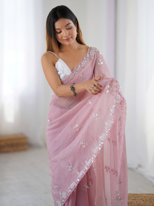 Pink Chiffon Emblished Saree - Ressa