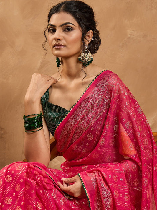 Pink Chiffon Foil Print Saree - Ressa