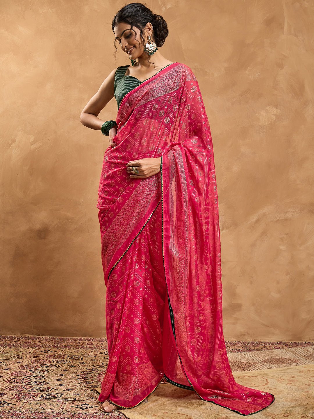 Pink Chiffon Foil Print Saree - Ressa