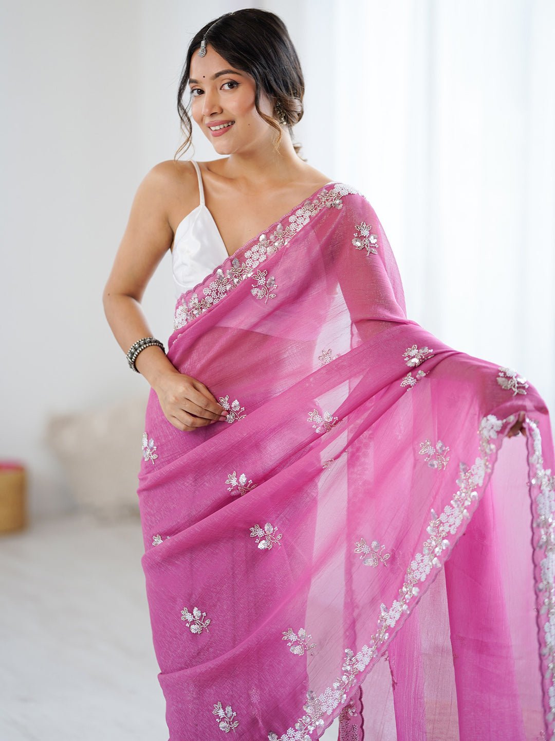 Pink Chiffon Party Wear Saree - Ressa