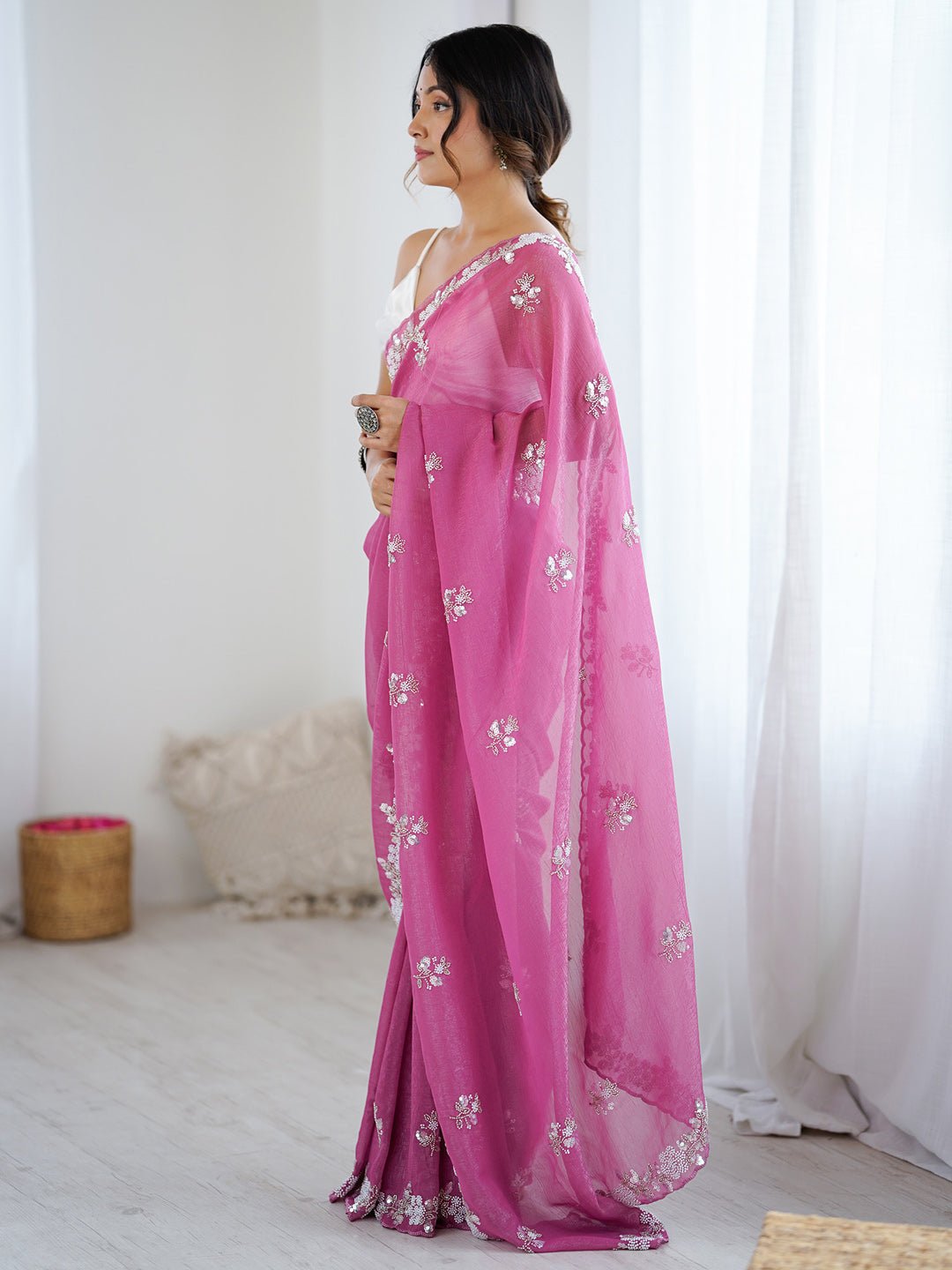 Pink Chiffon Party Wear Saree - Ressa