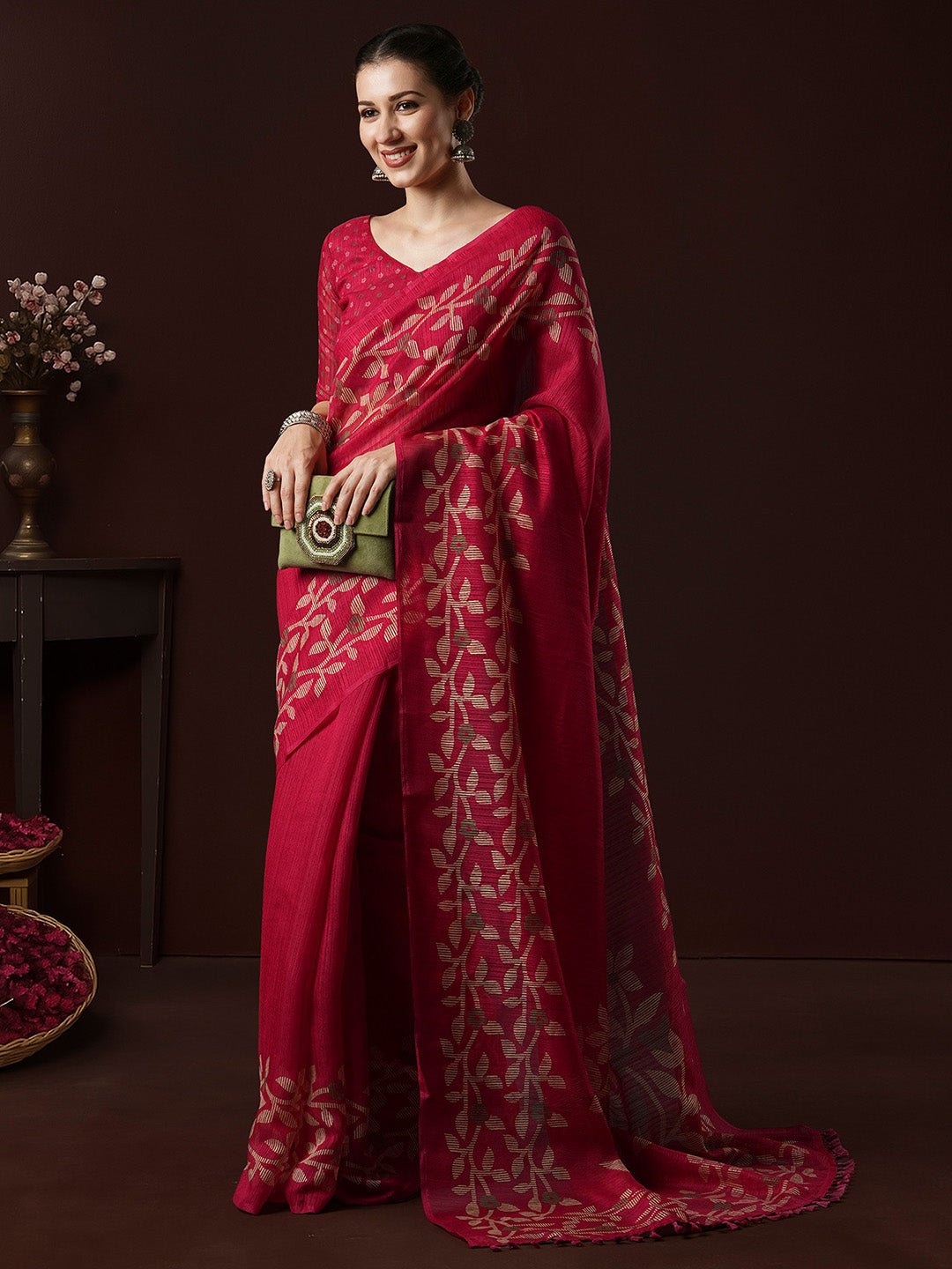 Pink Cotton Slub Floral Printed Saree - Ressa