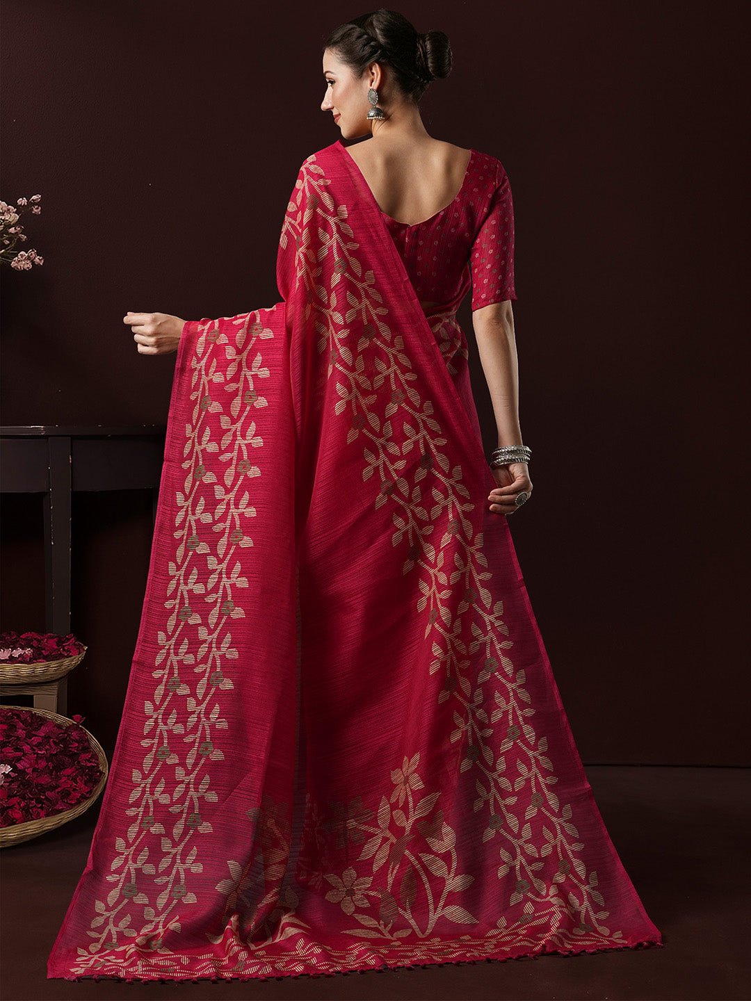 Pink Cotton Slub Floral Printed Saree - Ressa