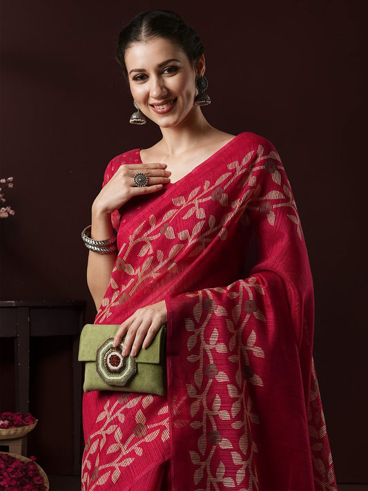 Pink Cotton Slub Floral Printed Saree - Ressa