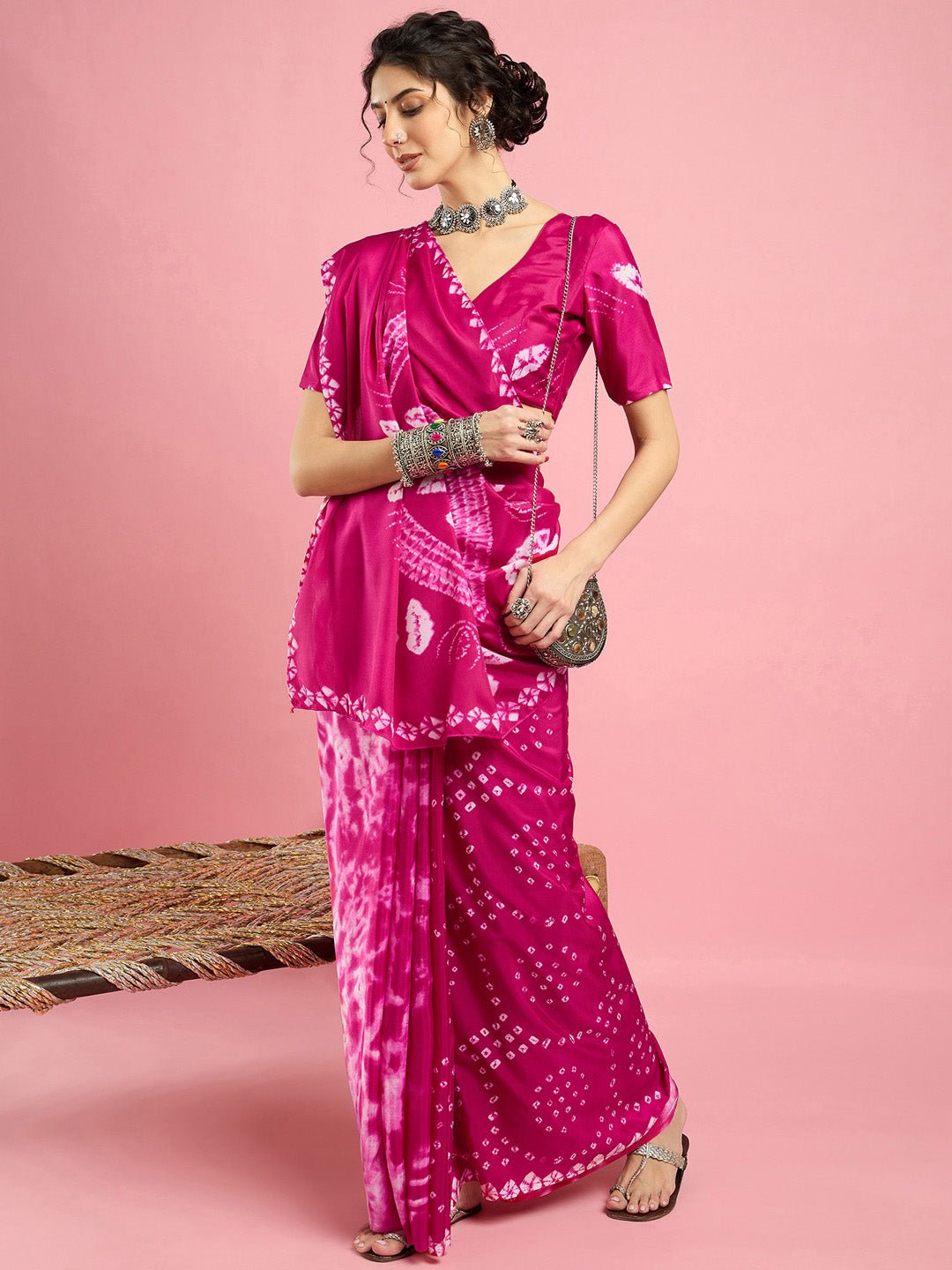 Pink Crepe Tie Dye Printed Saree - Ressa