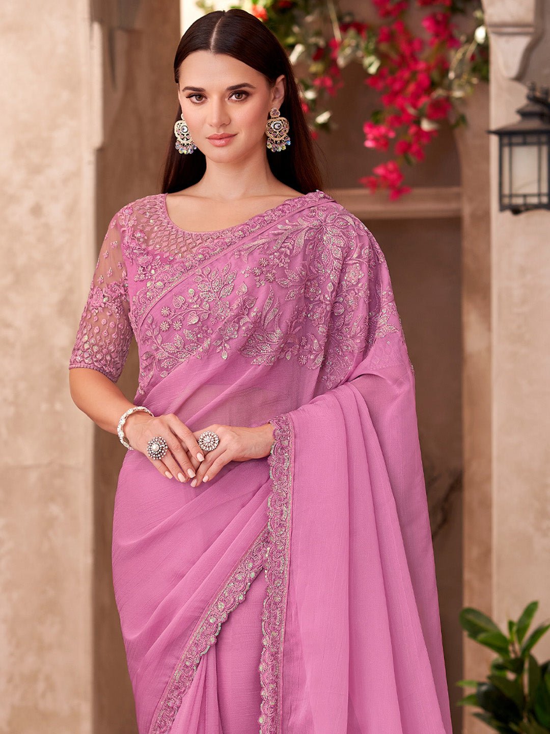 Pink Embellished Sequinned Chiffon Saree - Ressa