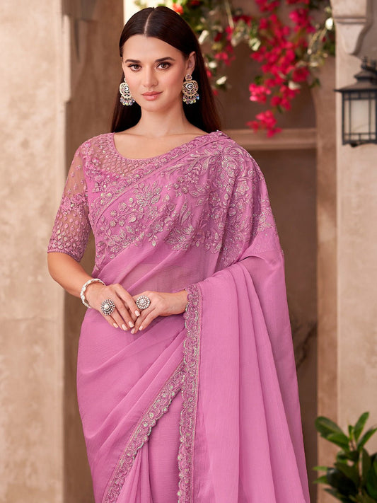 Pink Embellished Sequinned Chiffon Saree - Ressa