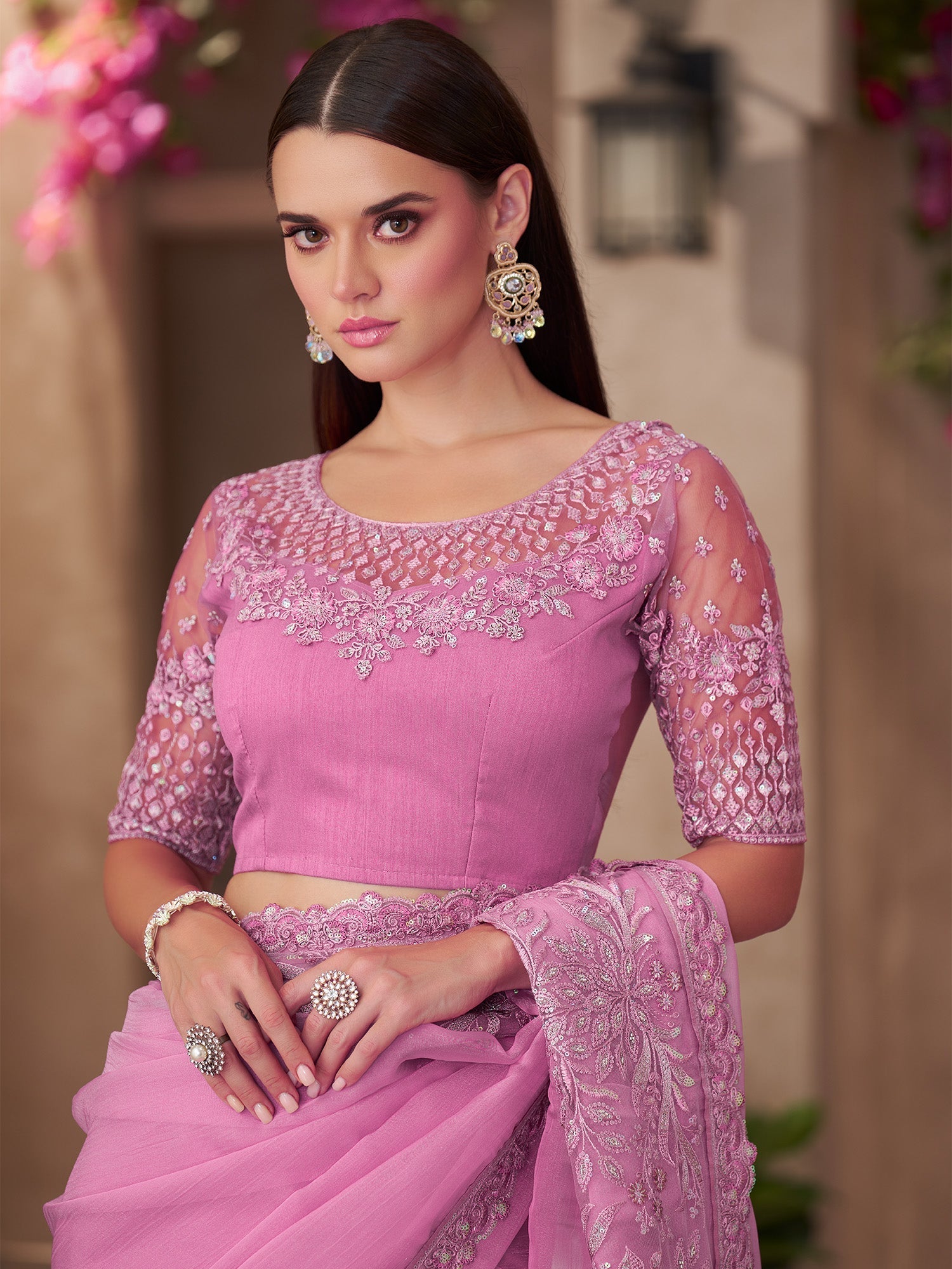 Pink Embellished Sequinned Chiffon Saree - Ressa