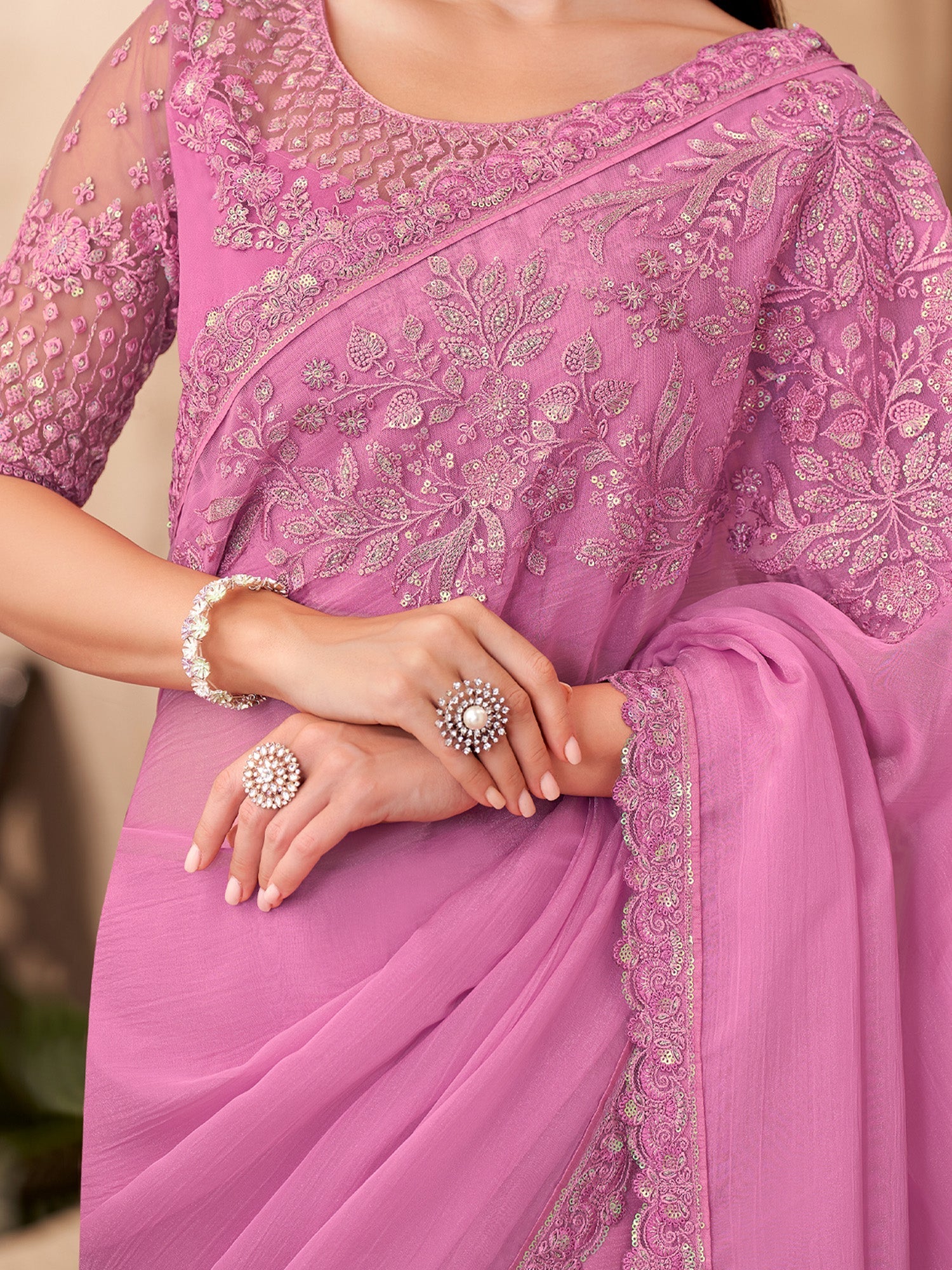Pink Embellished Sequinned Chiffon Saree - Ressa