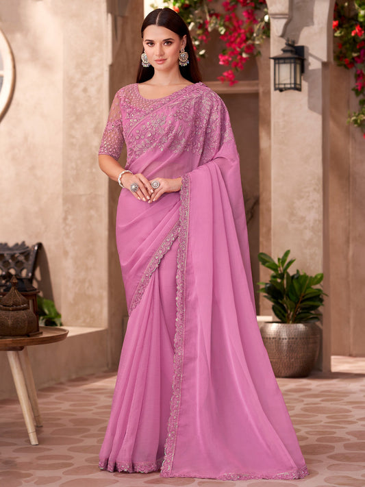 Pink Embellished Sequinned Chiffon Saree - Ressa
