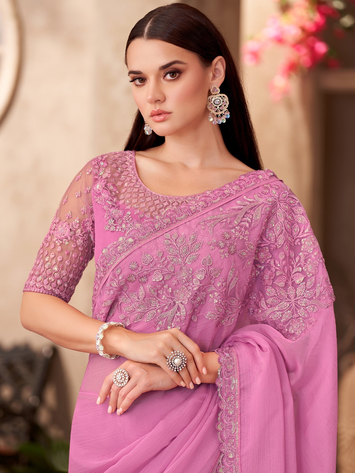 Pink Embellished Sequinned Chiffon Saree - Ressa