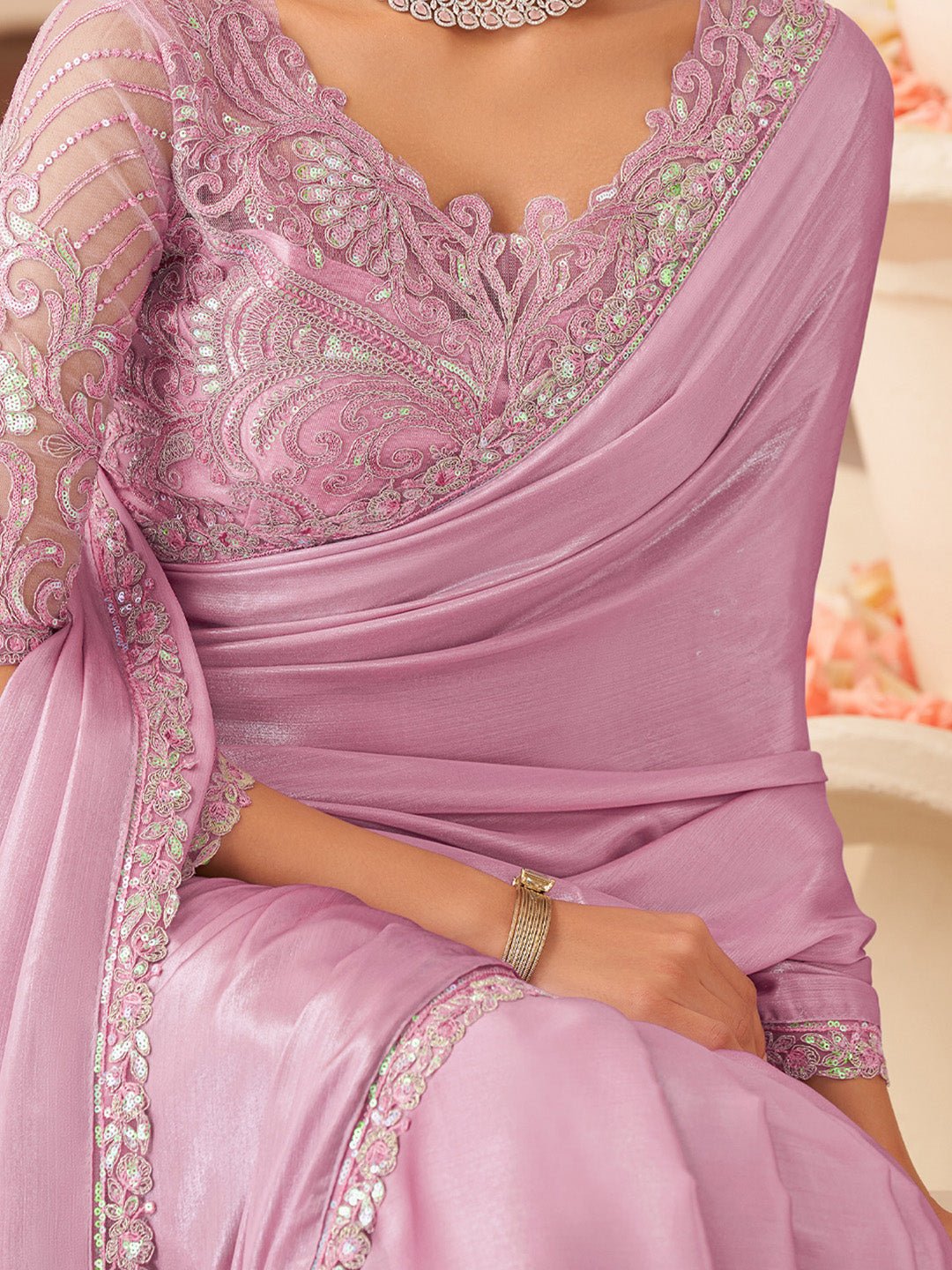 Pink Embellished Sequinned Pure Chiffon Saree - Ressa