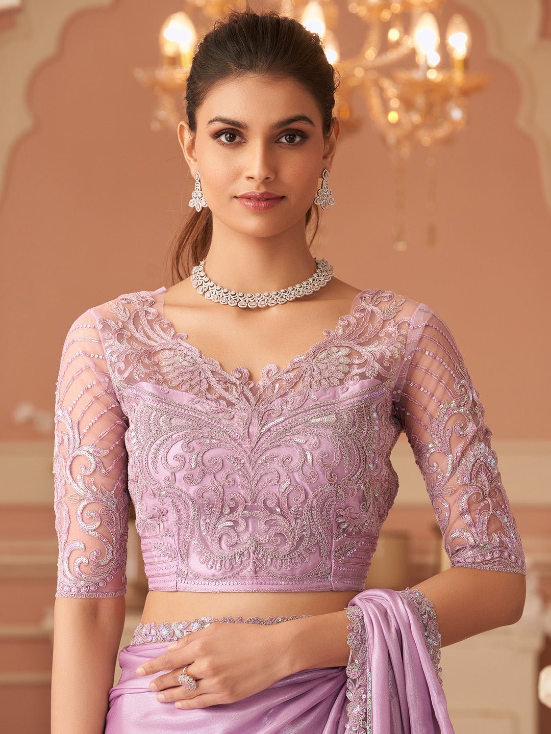 Pink Embellished Sequinned Pure Chiffon Saree - Ressa