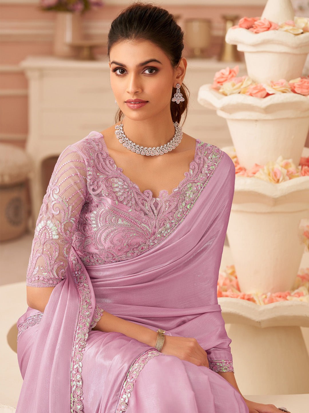 Pink Embellished Sequinned Pure Chiffon Saree - Ressa