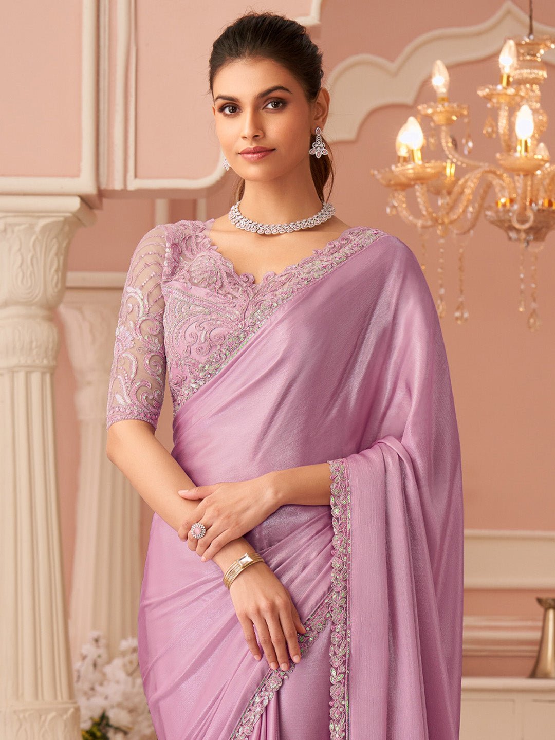 Pink Embellished Sequinned Pure Chiffon Saree - Ressa