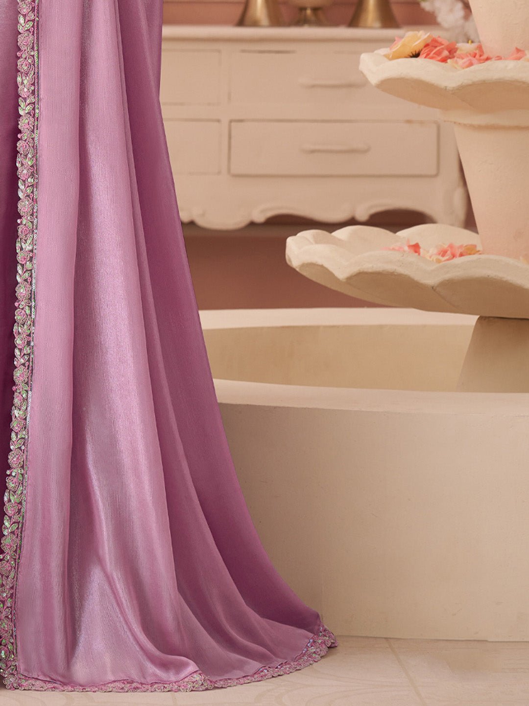 Pink Embellished Sequinned Pure Chiffon Saree - Ressa