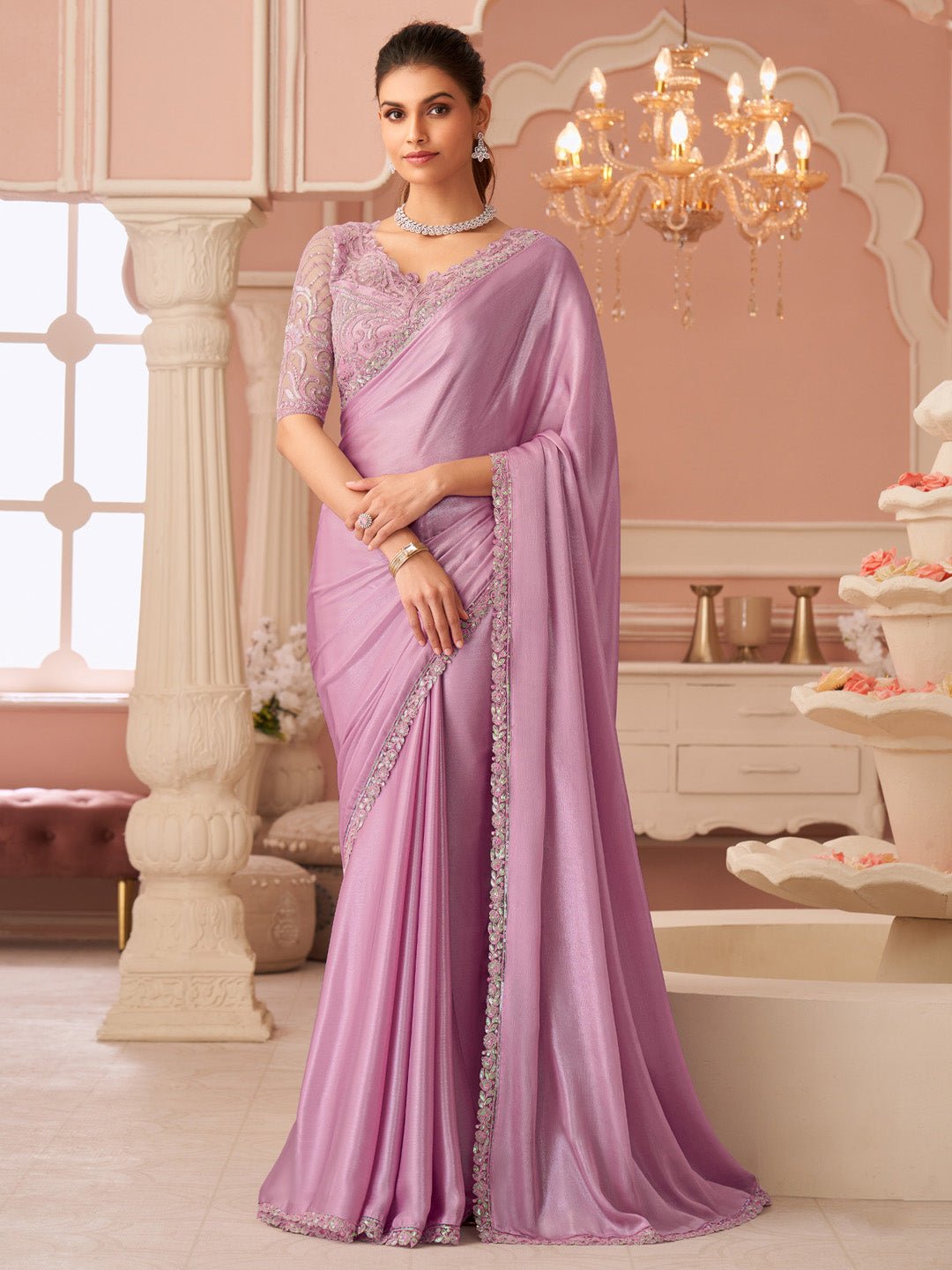 Pink Embellished Sequinned Pure Chiffon Saree - Ressa