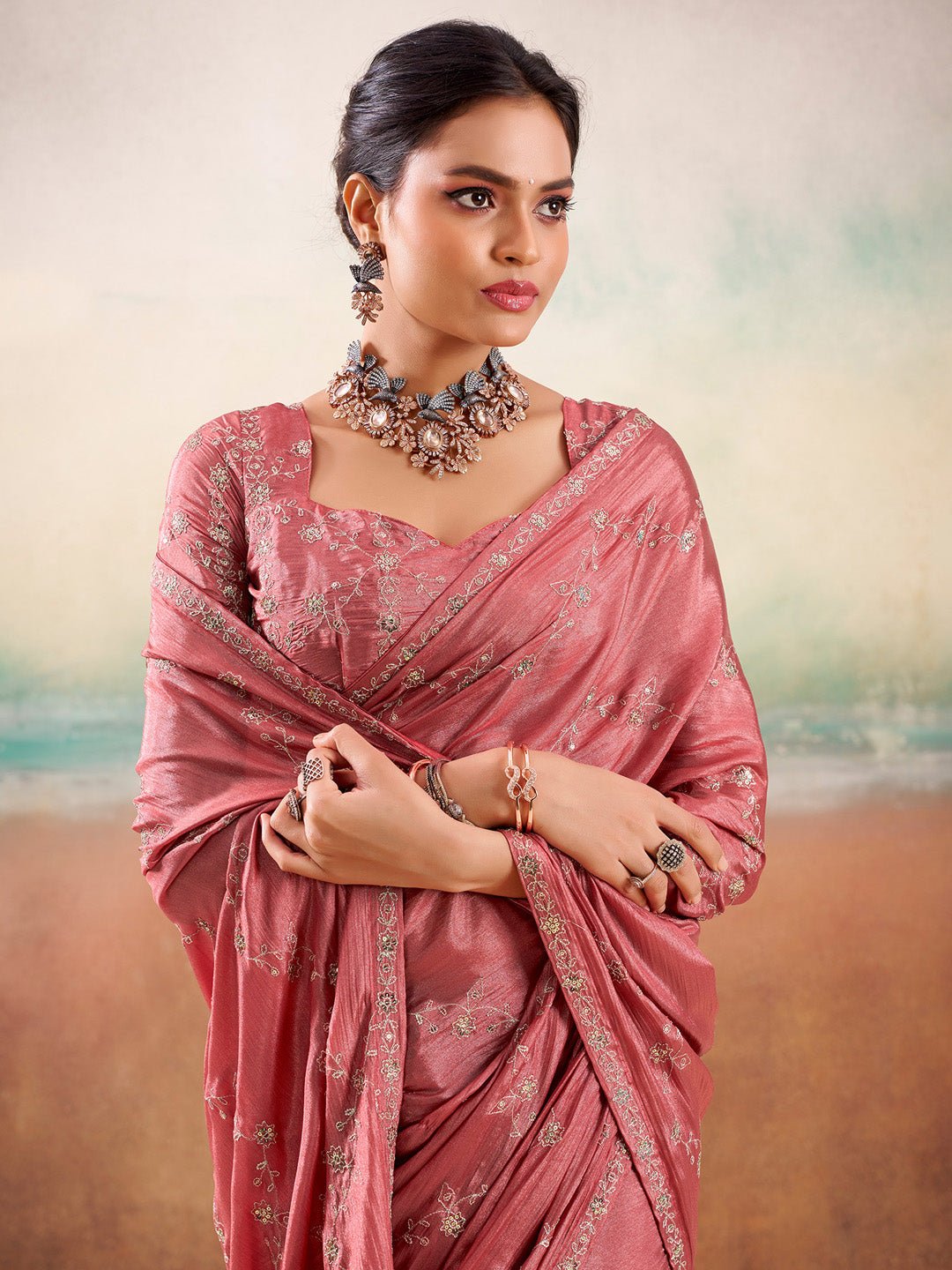Pink Embroidered Georgette Saree - Ressa