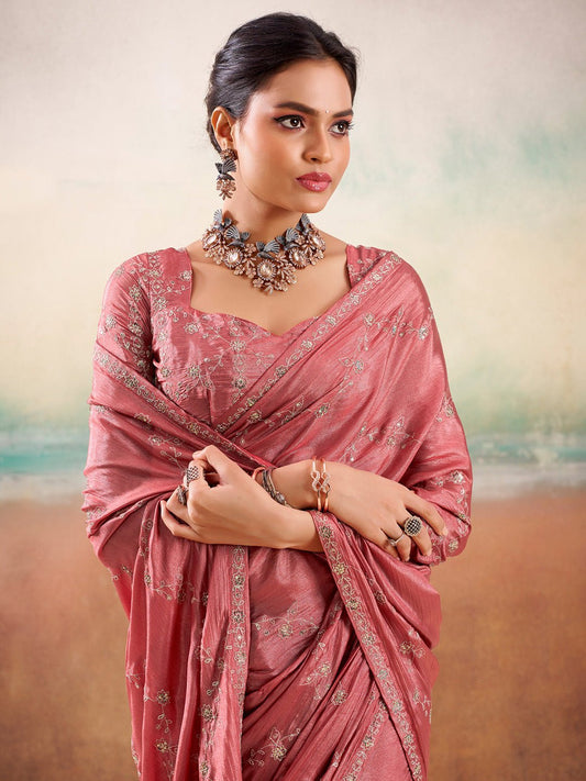Pink Embroidered Georgette Saree - Ressa