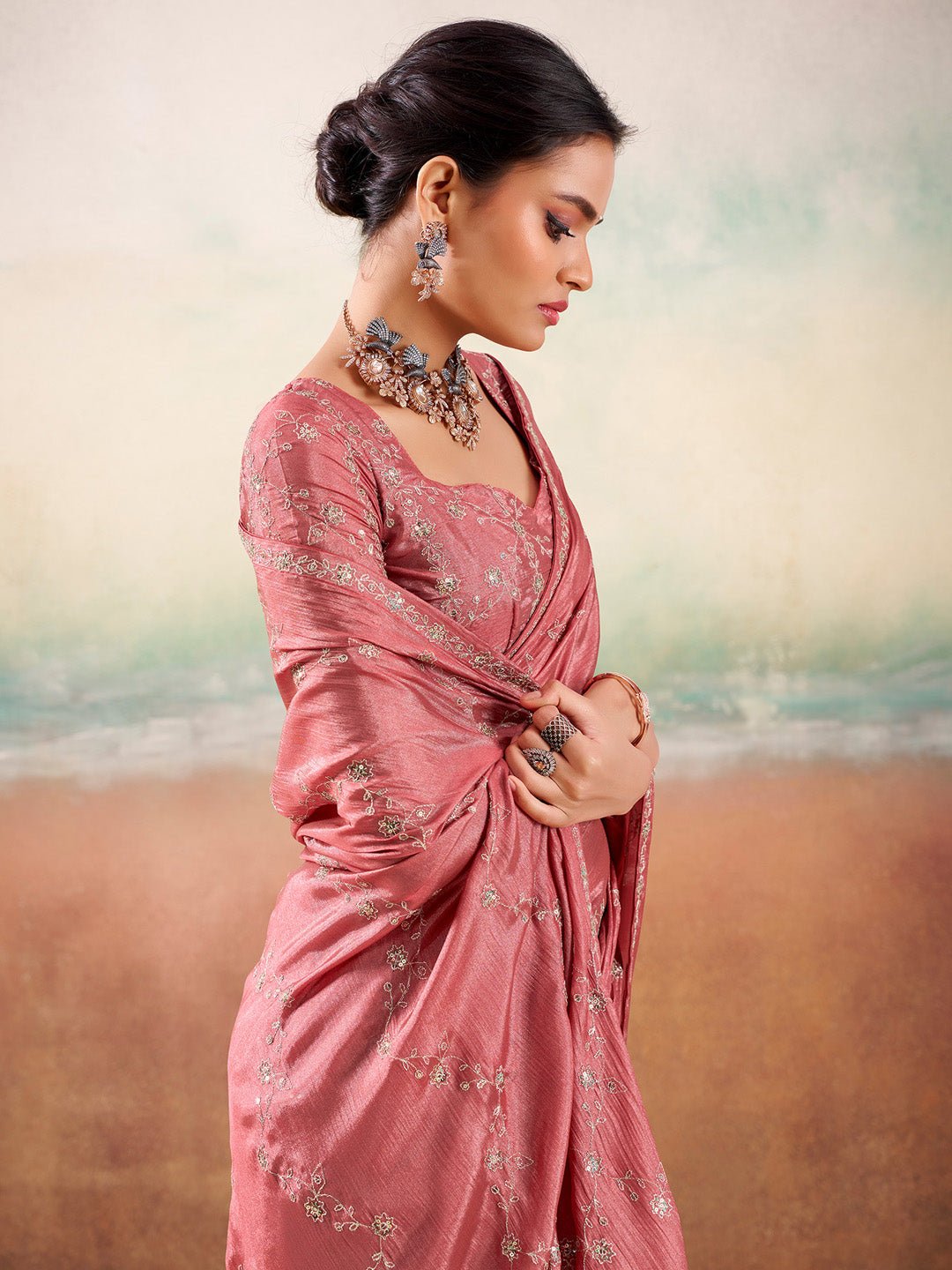 Pink Embroidered Georgette Saree - Ressa