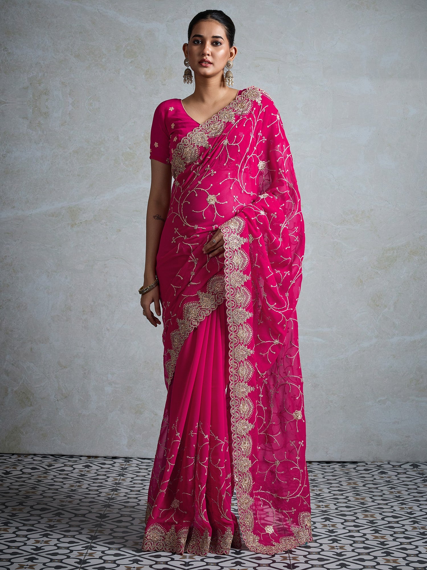 Pink Embroidered Gerogette Saree - Ressa