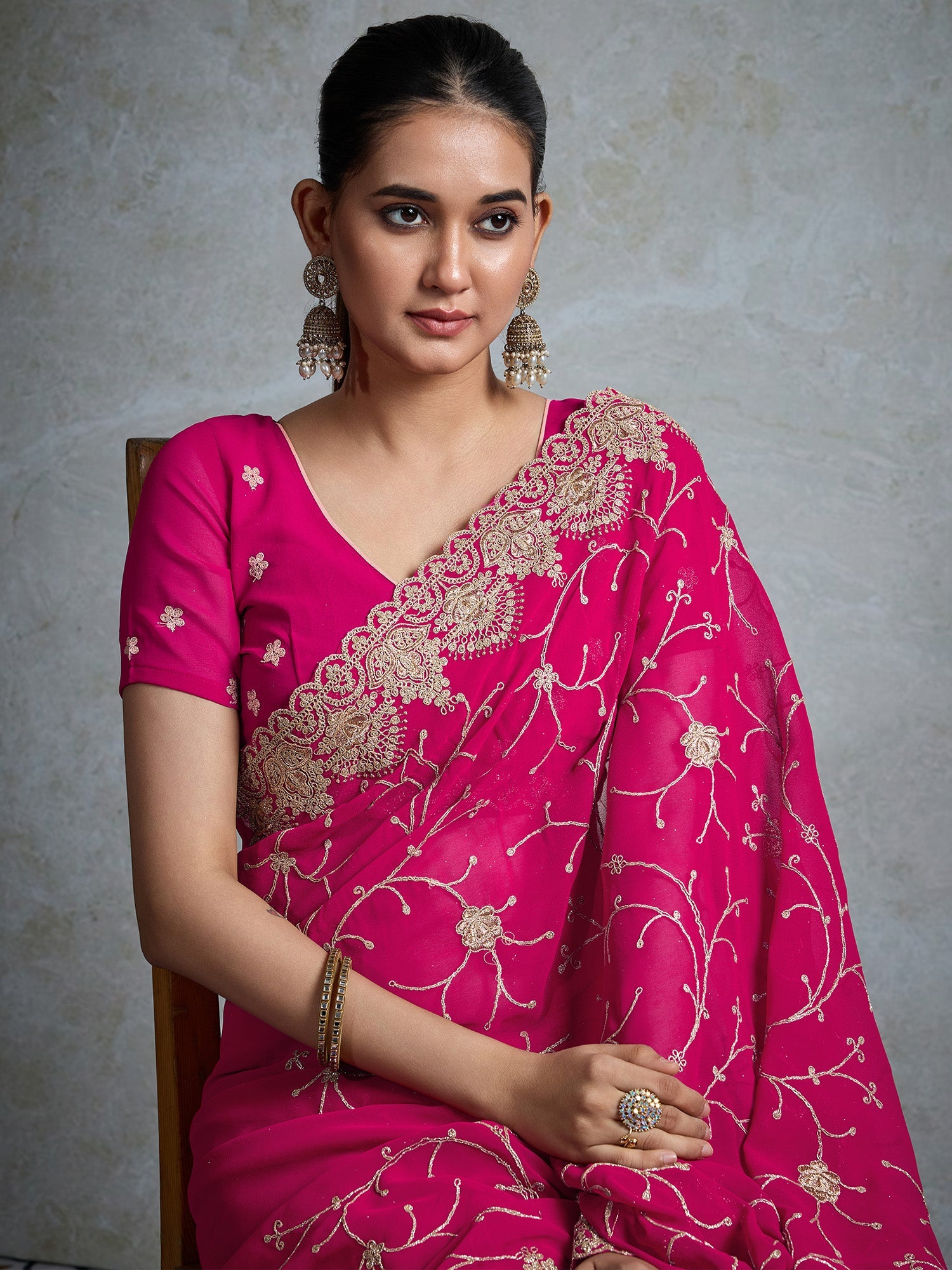 Pink Embroidered Gerogette Saree - Ressa