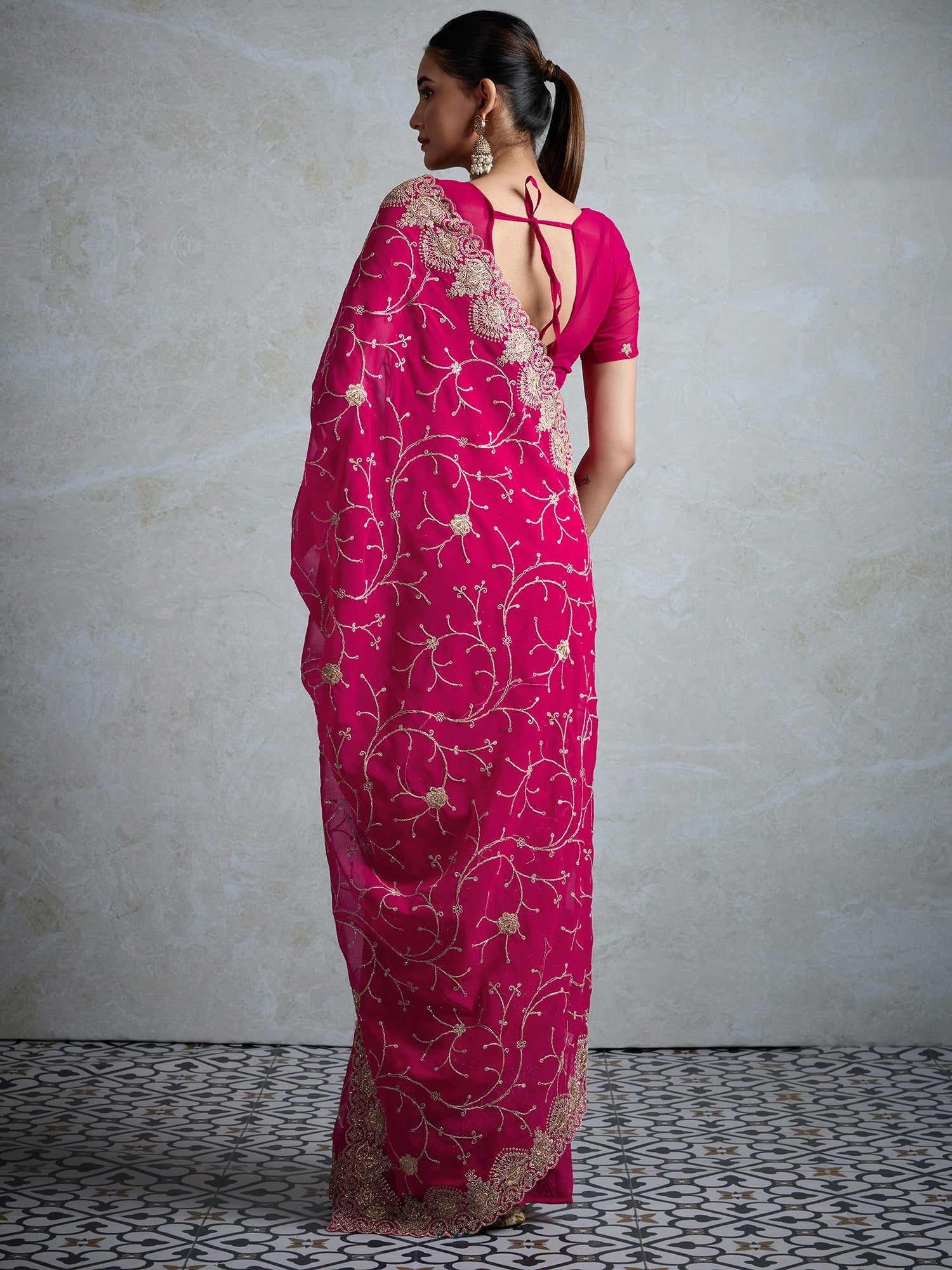 Pink Embroidered Gerogette Saree - Ressa