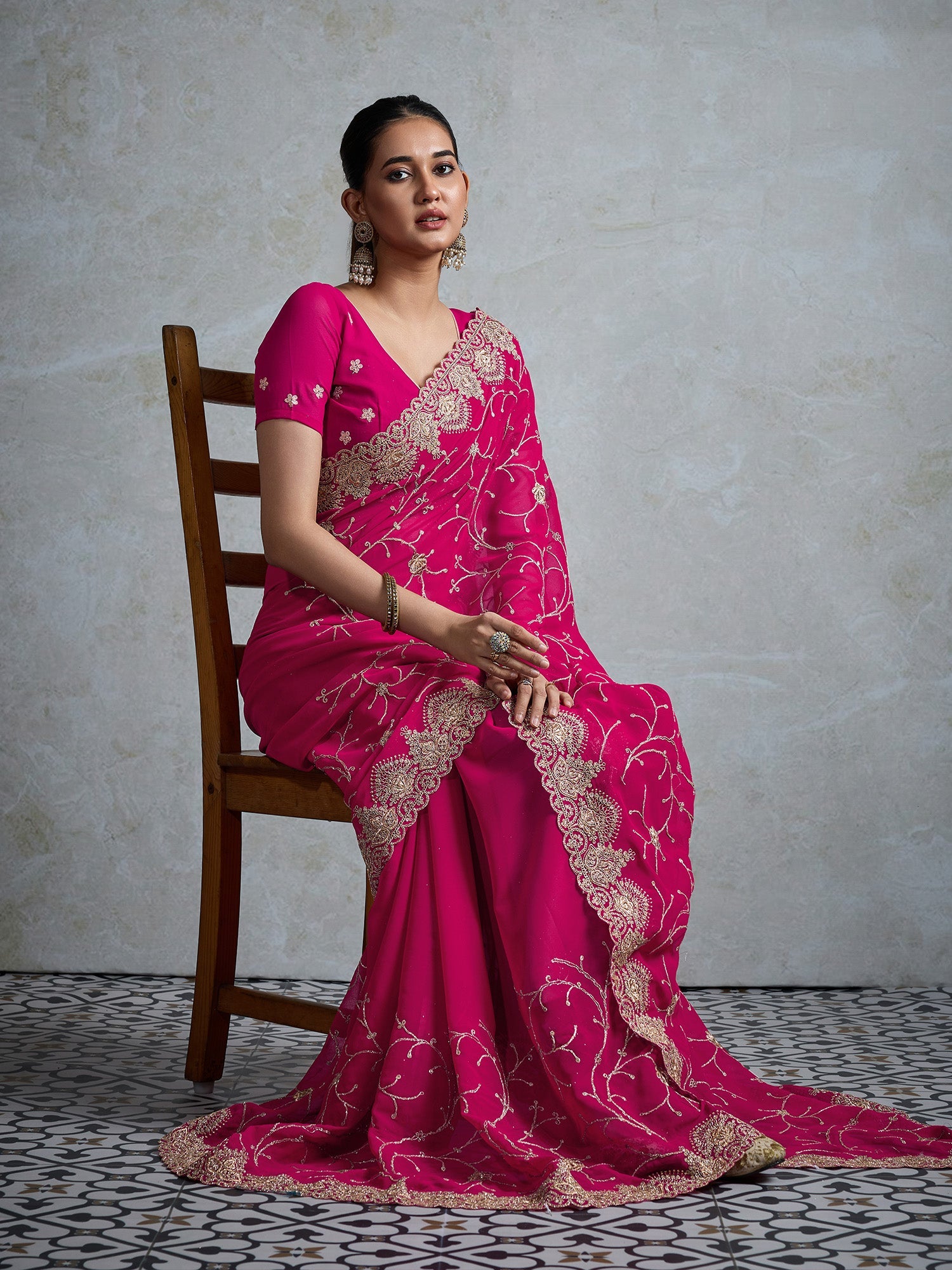 Pink Embroidered Gerogette Saree - Ressa